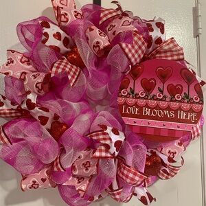 Valentine's Day Wreath in Pink and Red with Ribbons and Rustic Sign